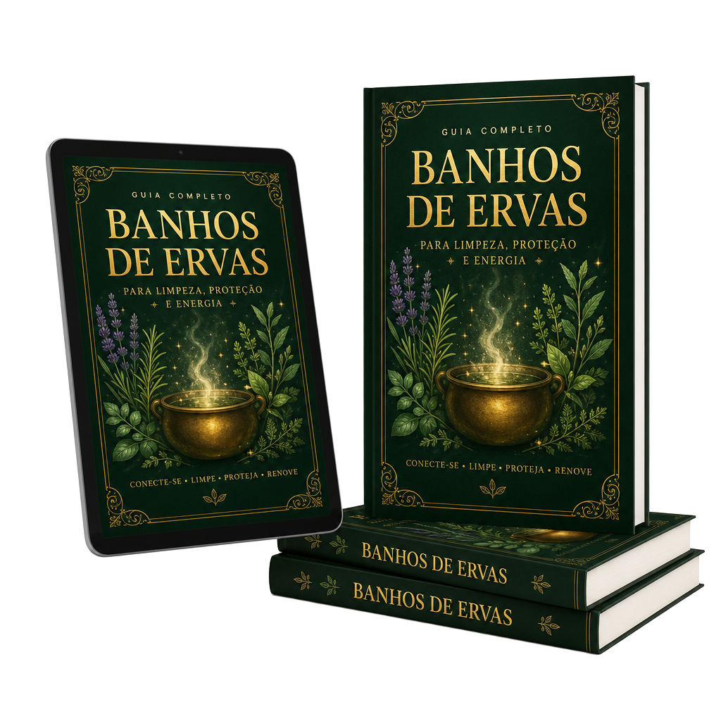 Mockup do guia digital de banhos de ervas em tablet e livros