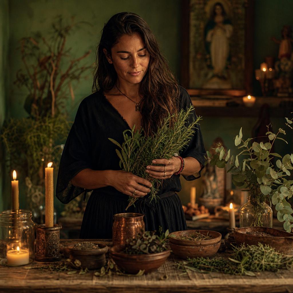 Mulher de olhos fechados em ritual de banho à luz de velas